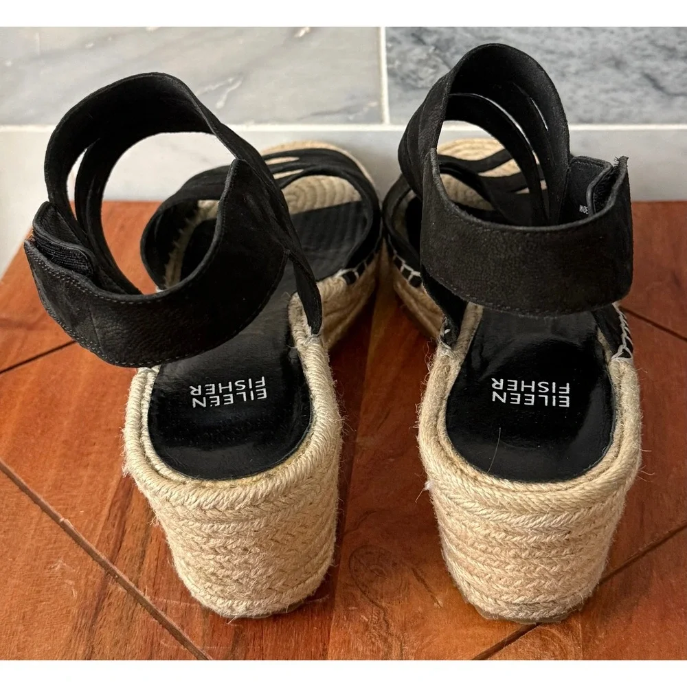 Eileen Fisher Largo Espadrille Black Wedge Sandals Multi Strap Platform Size 9.5